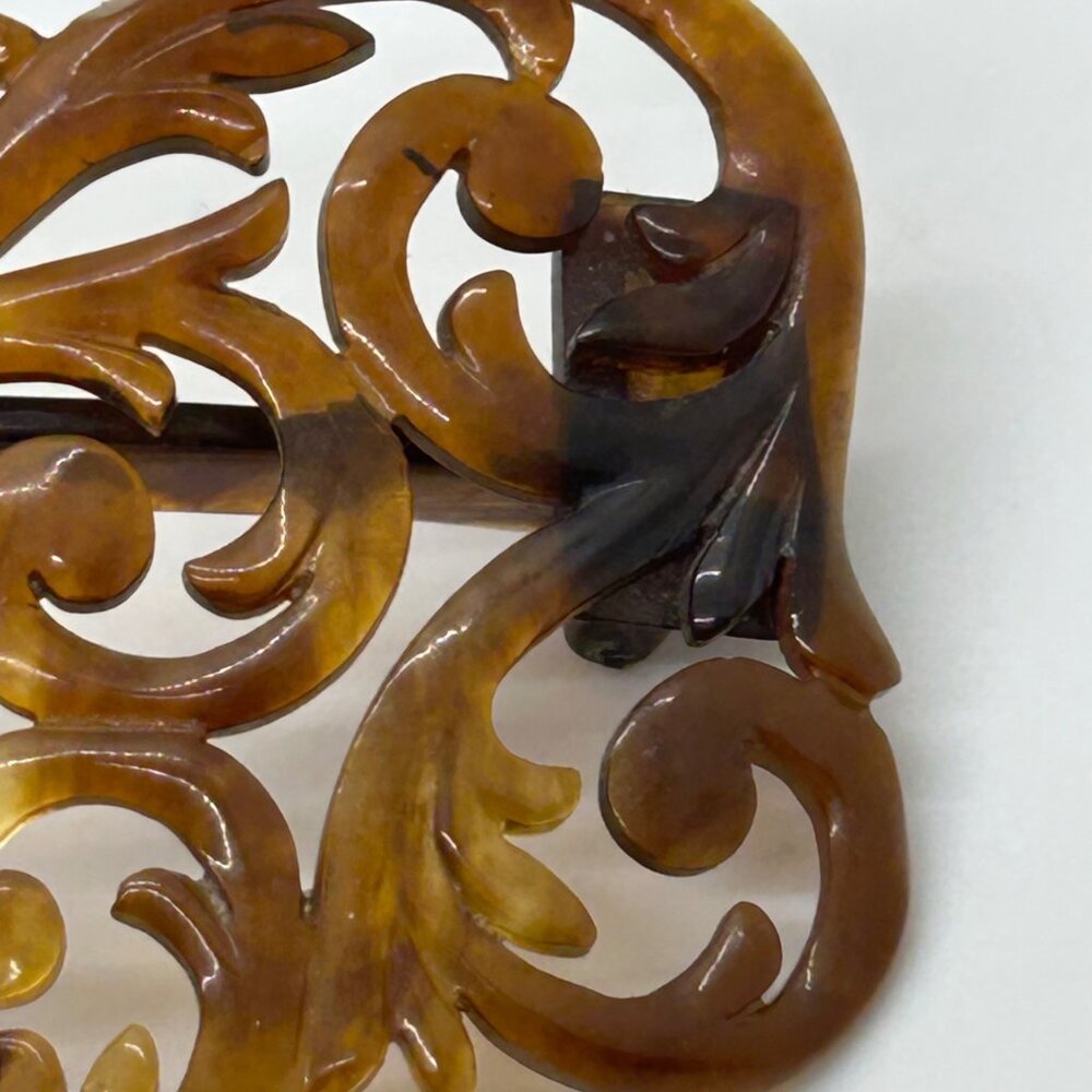 Antique Edwardian Carved Hair Comb Best-Hold Patent 1907 Clasp Celluloid Brown - Picture 10 of 16